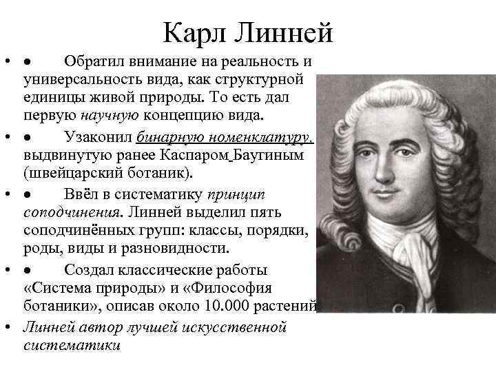 Карл Линней • · Обратил внимание на реальность и универсальность вида, как структурной единицы