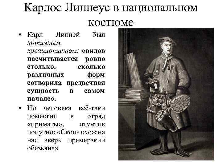 Карлос Линнеус в национальном костюме • Карл Линней был типичным креационистом: «видов насчитывается ровно