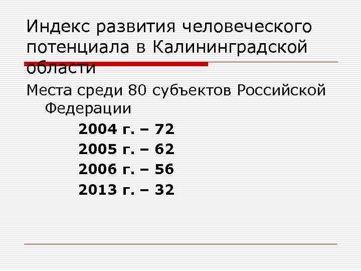 Индекс развития человеческого потенциала в Калининградской области Места среди 80 субъектов Российской Федерации 2004
