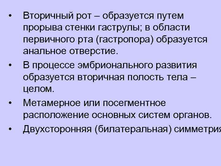  • • Вторичный рот – образуется путем прорыва стенки гаструлы; в области первичного