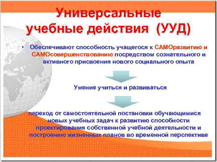 Универсальные учебные действия (УУД) • Обеспечивают способность учащегося к САМОразвитию и САМОсовершенствованию посредством сознательного