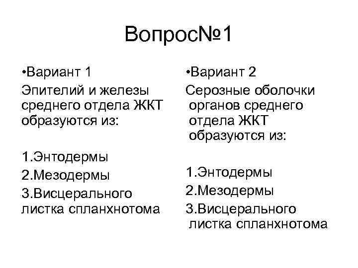 Вопрос№ 1 • Вариант 1 Эпителий и железы среднего отдела ЖКТ образуются из: 1.