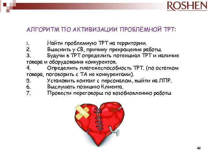 АЛГОРИТМ ПО АКТИВИЗАЦИИ ПРОБЛЕМНОЙ ТРТ: Найти проблемную ТРТ на территории. 2. Выяснить у СВ,