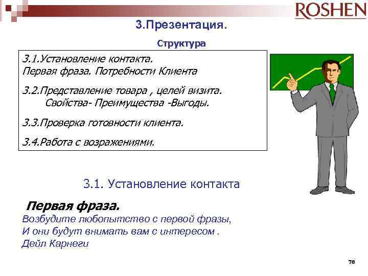 3. Презентация. Структура 3. 1. Установление контакта. Первая фраза. Потребности Клиента 3. 2. Представление