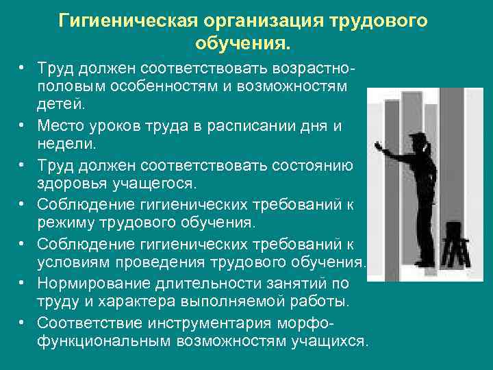 Гигиеническая организация трудового обучения. • Труд должен соответствовать возрастнополовым особенностям и возможностям детей. •
