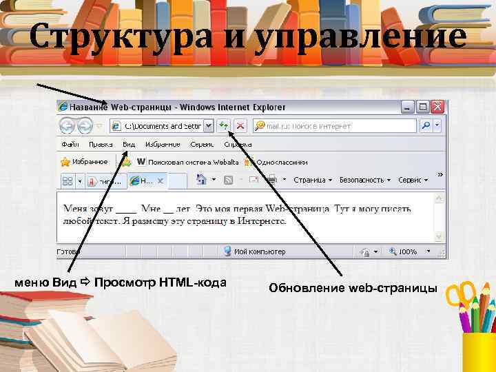 Структура и управление меню Вид Просмотр HTML-кода Обновление web-страницы 