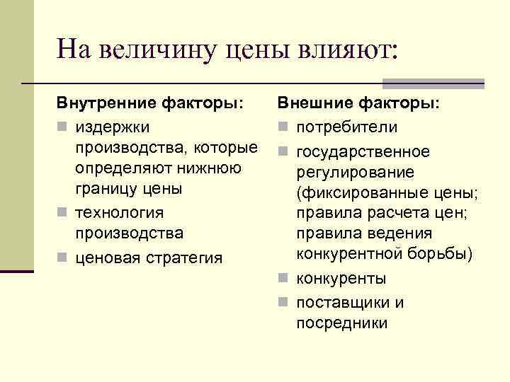На величину цены влияют: Внутренние факторы: n издержки производства, которые определяют нижнюю границу цены