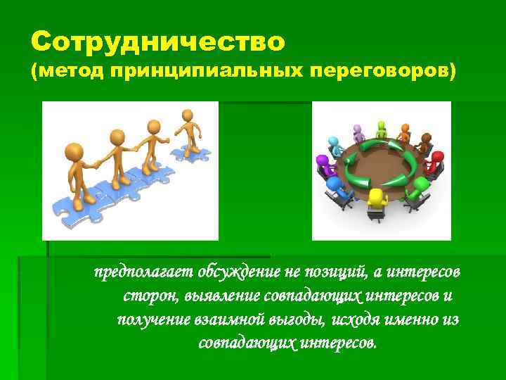 Сотрудничество (метод принципиальных переговоров) предполагает обсуждение не позиций, а интересов сторон, выявление совпадающих интересов