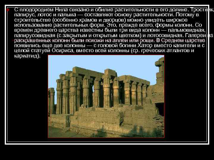 n С плодородием Нила связано и обилие растительности в его долине. Тростник, папирус, лотос