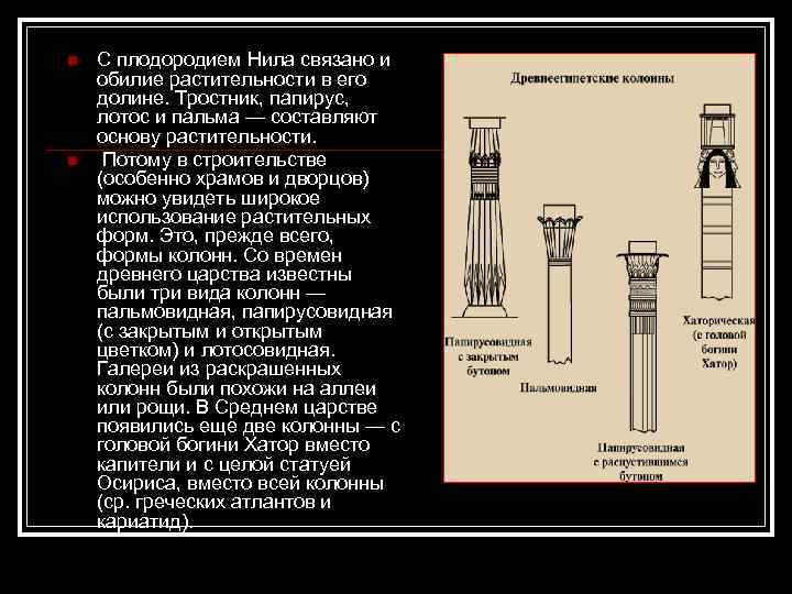 n n С плодородием Нила связано и обилие растительности в его долине. Тростник, папирус,