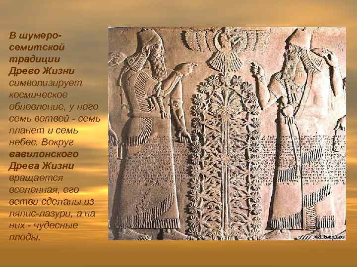 В шумеросемитской традиции Древо Жизни символизирует космическое обновление, у него семь ветвей - семь