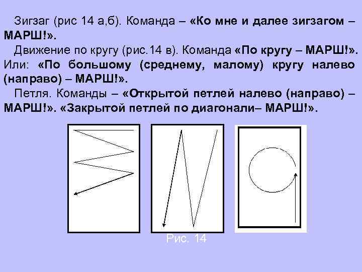 Зигзаг (рис 14 а, б). Команда – «Ко мне и далее зигзагом – МАРШ!»