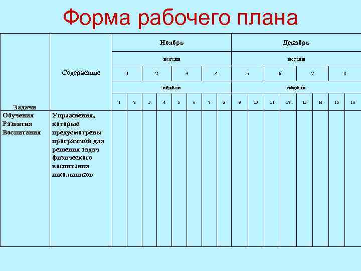 Форма рабочего плана Ноябрь недели Содержание 1 Декабрь недели 2 3 4 5 6