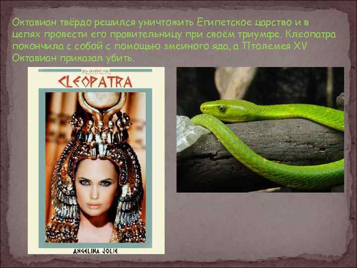 Октавиан твёрдо решился уничтожить Египетское царство и в цепях провести его правительницу при своём