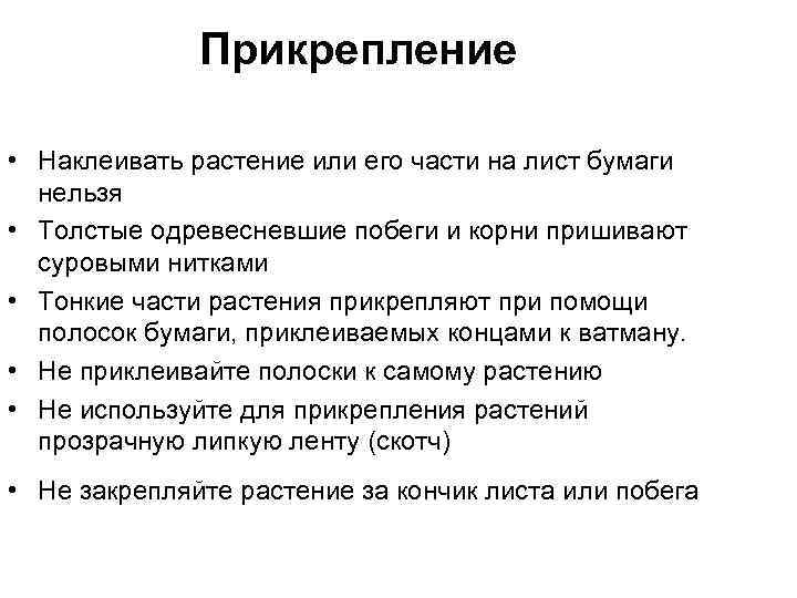 Прикрепление • Наклеивать растение или его части на лист бумаги нельзя • Толстые одревесневшие