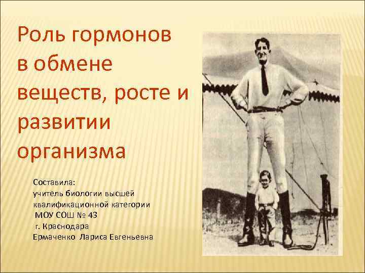 Роль гормонов в обмене веществ, росте и развитии организма Составила: учитель биологии высшей квалификационной