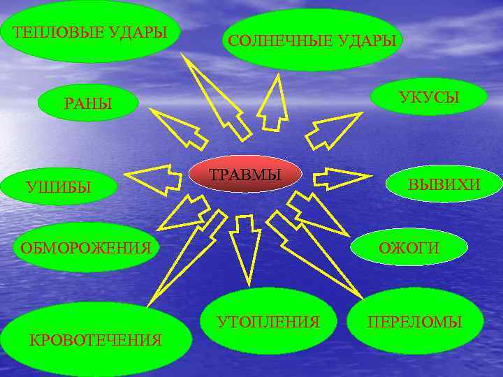 ТЕПЛОВЫЕ УДАРЫ СОЛНЕЧНЫЕ УДАРЫ УКУСЫ РАНЫ УШИБЫ ТРАВМЫ ОЖОГИ ОБМОРОЖЕНИЯ КРОВОТЕЧЕНИЯ ВЫВИХИ УТОПЛЕНИЯ ПЕРЕЛОМЫ