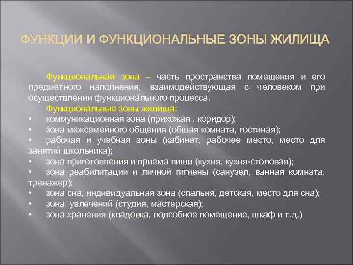 ФУНКЦИИ И ФУНКЦИОНАЛЬНЫЕ ЗОНЫ ЖИЛИЩА Функциональная зона – часть пространства помещения и его предметного