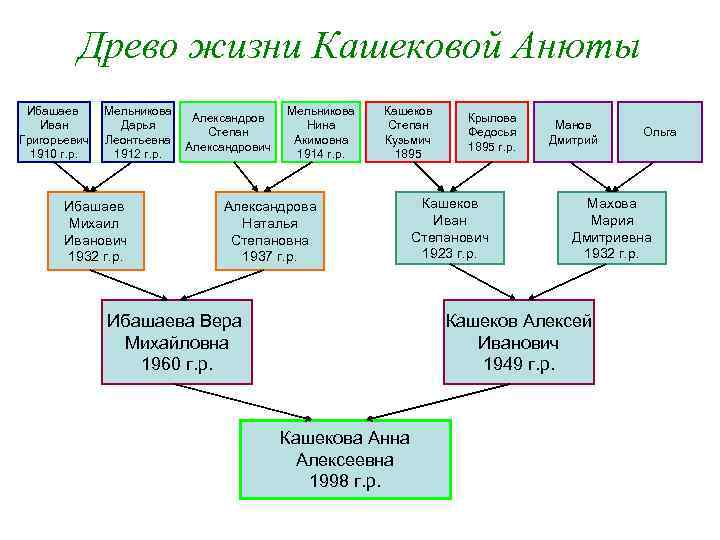 Древо жизни Кашековой Анюты Ибашаев Иван Григорьевич 1910 г. р. Мельникова Дарья Леонтьевна 1912