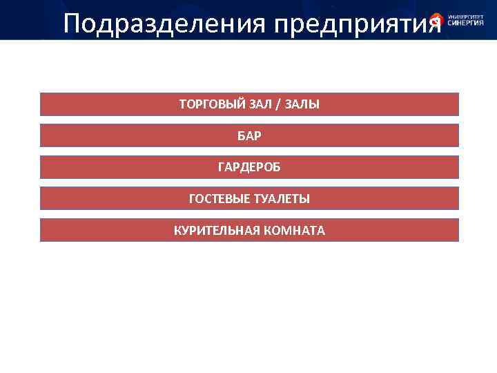Подразделения предприятия ТОРГОВЫЙ ЗАЛ / ЗАЛЫ БАР ГАРДЕРОБ ГОСТЕВЫЕ ТУАЛЕТЫ КУРИТЕЛЬНАЯ КОМНАТА 