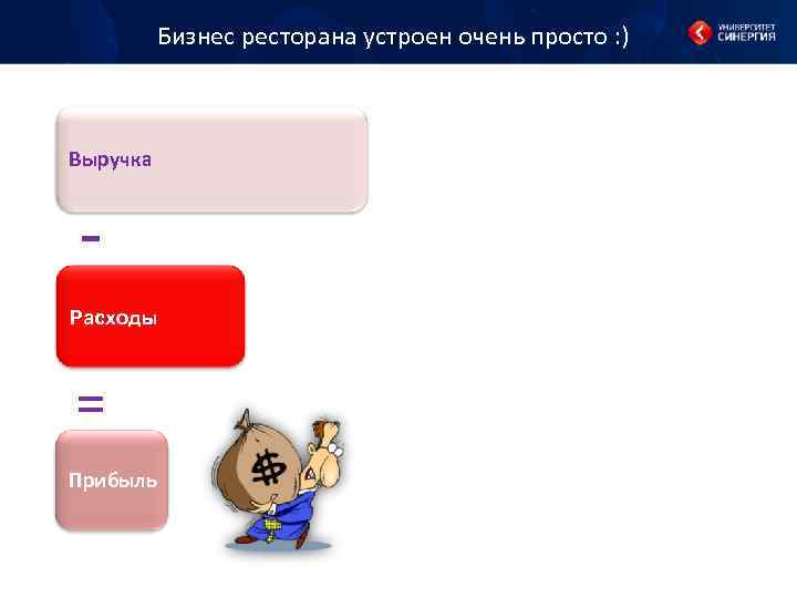 Бизнес ресторана устроен очень просто : ) Выручка Расходы = Прибыль Для повышения эффективности