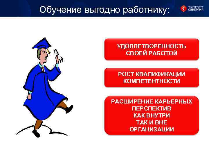 Обучение выгодно работнику: УДОВЛЕТВОРЕННОСТЬ СВОЕЙ РАБОТОЙ РОСТ КВАЛИФИКАЦИИ КОМПЕТЕНТНОСТИ РАСШИРЕНИЕ КАРЬЕРНЫХ ПЕРСПЕКТИВ КАК ВНУТРИ