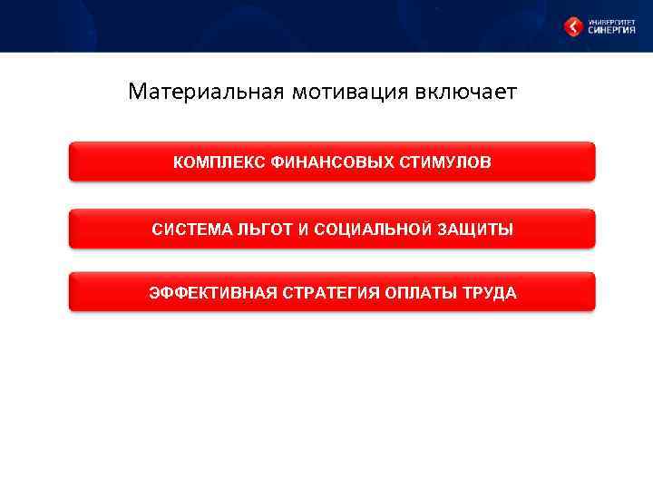 Материальная мотивация включает КОМПЛЕКС ФИНАНСОВЫХ СТИМУЛОВ СИСТЕМА ЛЬГОТ И СОЦИАЛЬНОЙ ЗАЩИТЫ ЭФФЕКТИВНАЯ СТРАТЕГИЯ ОПЛАТЫ