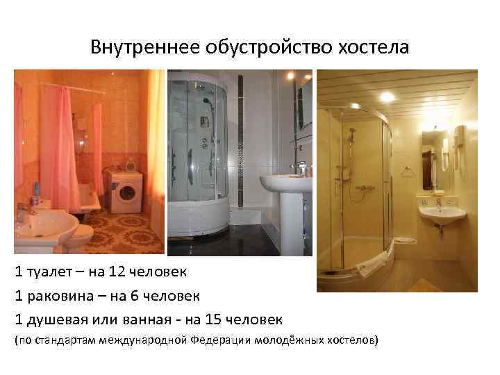 Внутреннее обустройство хостела 1 туалет – на 12 человек 1 раковина – на 6