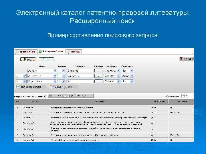 Электронный каталог патентно-правовой литературы: Расширенный поиск Пример составления поискового запроса 