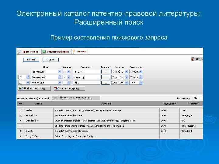 Электронный каталог патентно-правовой литературы: Расширенный поиск Пример составления поискового запроса 