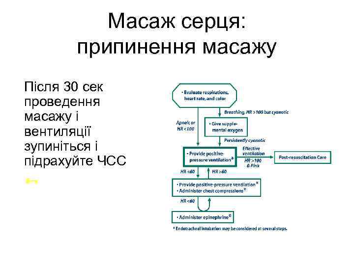 Масаж серця: припинення масажу Після 30 сек проведення масажу і вентиляції зупиніться і підрахуйте