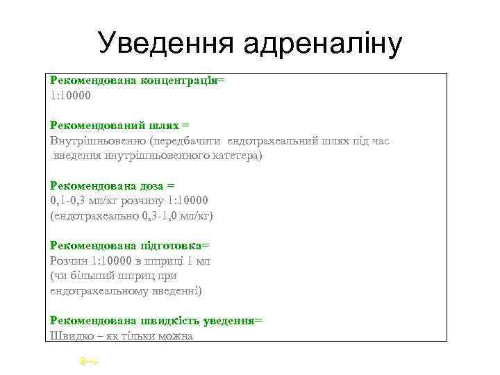 Уведення адреналіну Рекомендована концентрація= 1: 10000 Рекомендований шлях = Внутрішньовенно (передбачити ендотрахеальний шлях під