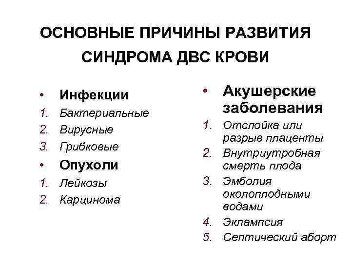 ОСНОВНЫЕ ПРИЧИНЫ РАЗВИТИЯ СИНДРОМА ДВС КРОВИ • Инфекции 1. Бактериальные 2. Вирусные 3. Грибковые