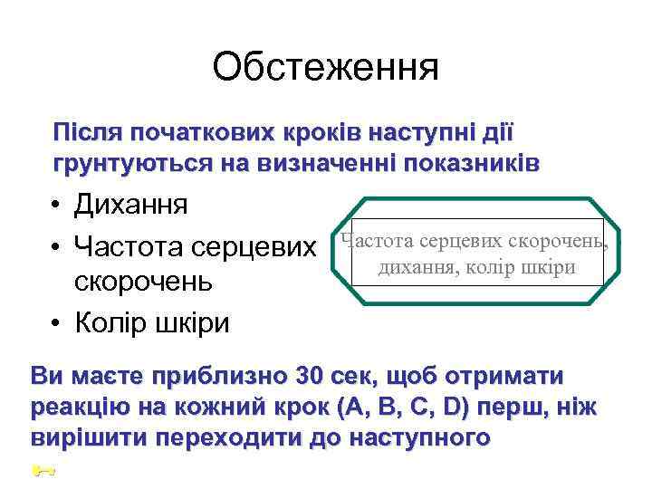 Обстеження Після початкових кроків наступні дії грунтуються на визначенні показників • Дихання • Частота