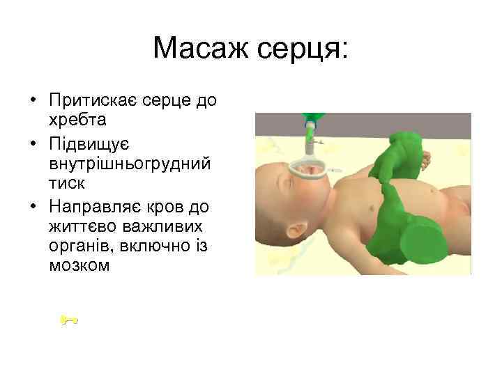 Масаж серця: • Притискає серце до хребта • Підвищує внутрішньогрудний тиск • Направляє кров