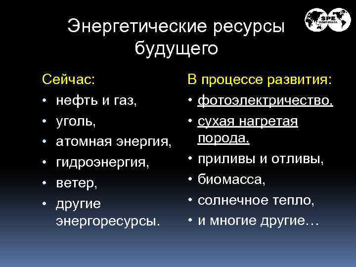 Энергетические ресурсы будущего Сейчас: • нефть и газ, • уголь, • атомная энергия, •
