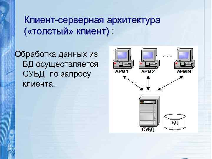 Клиент-серверная архитектура ( «толстый» клиент) : Обработка данных из БД осуществляется СУБД по запросу