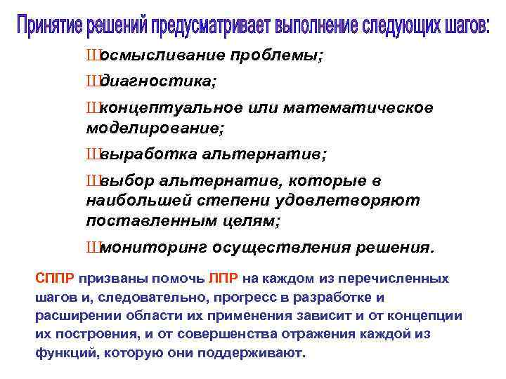 Ш осмысливание проблемы; Ш диагностика; Ш концептуальное или математическое моделирование; Ш выработка альтернатив; Ш
