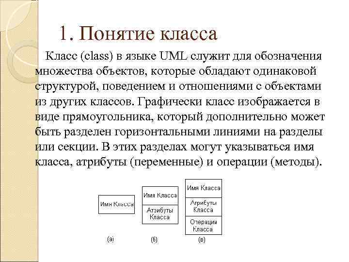1. Понятие класса Класс (class) в языке UML служит для обозначения множества объектов, которые
