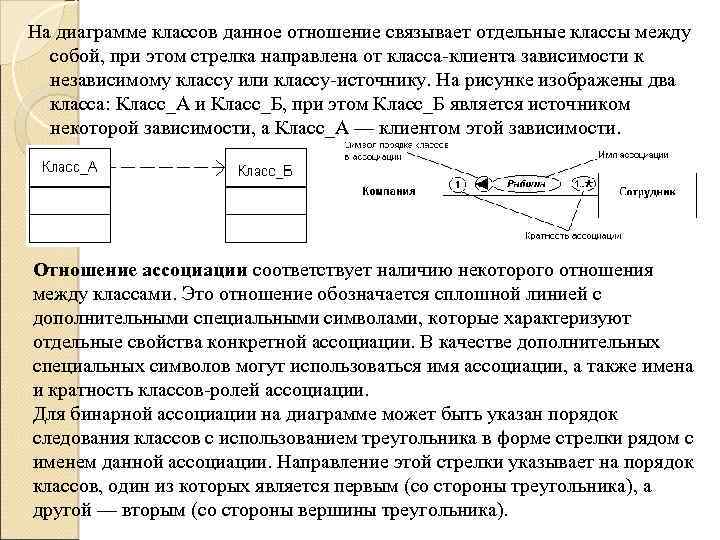 На диаграмме классов данное отношение связывает отдельные классы между собой, при этом стрелка направлена