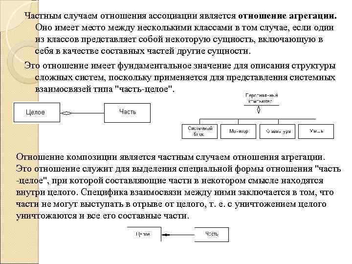 Частным случаем отношения ассоциации является отношение агрегации. Оно имеет место между несколькими классами в