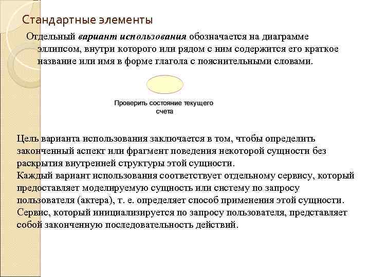 Стандартные элементы Отдельный вариант использования обозначается на диаграмме эллипсом, внутри которого или рядом с
