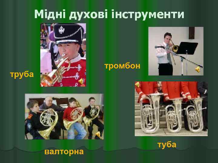 Мідні духові інструменти тромбон труба валторна туба 