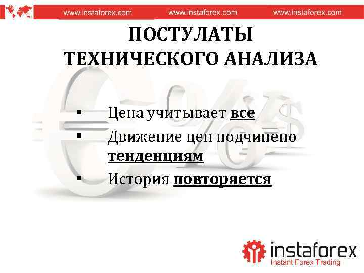 ПОСТУЛАТЫ ТЕХНИЧЕСКОГО АНАЛИЗА § § § Цена учитывает все Движение цен подчинено тенденциям История