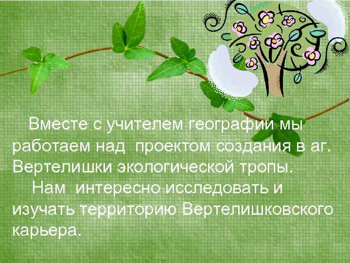 Вместе с учителем географии мы работаем над проектом создания в аг. Вертелишки экологической тропы.