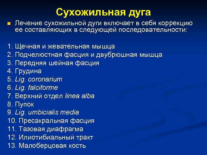 Сухожильная дуга n Лечение сухожильной дуги включает в себя коррекцию ее составляющих в следующей