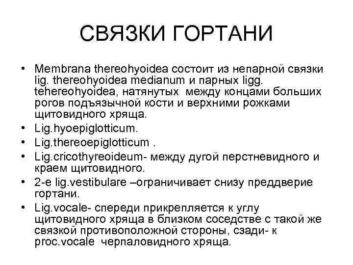 СВЯЗКИ ГОРТАНИ • Membrana thereohyoidea состоит из непарной связки lig. thereohyoidea medianum и парных