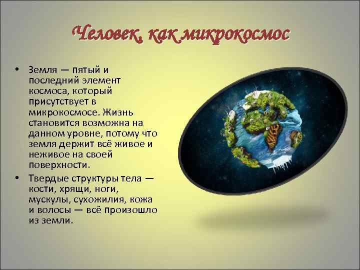 Человек, как микрокосмос • Земля — пятый и последний элемент космоса, который присутствует в