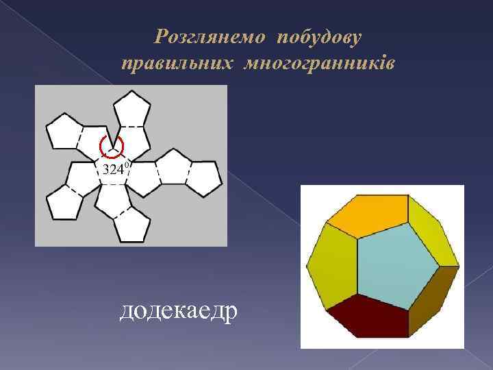 Розглянемо побудову правильних многогранників додекаедр 