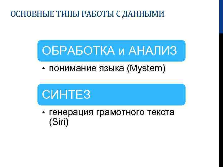 ОСНОВНЫЕ ТИПЫ РАБОТЫ С ДАННЫМИ ОБРАБОТКА и АНАЛИЗ • понимание языка (Mystem) СИНТЕЗ •